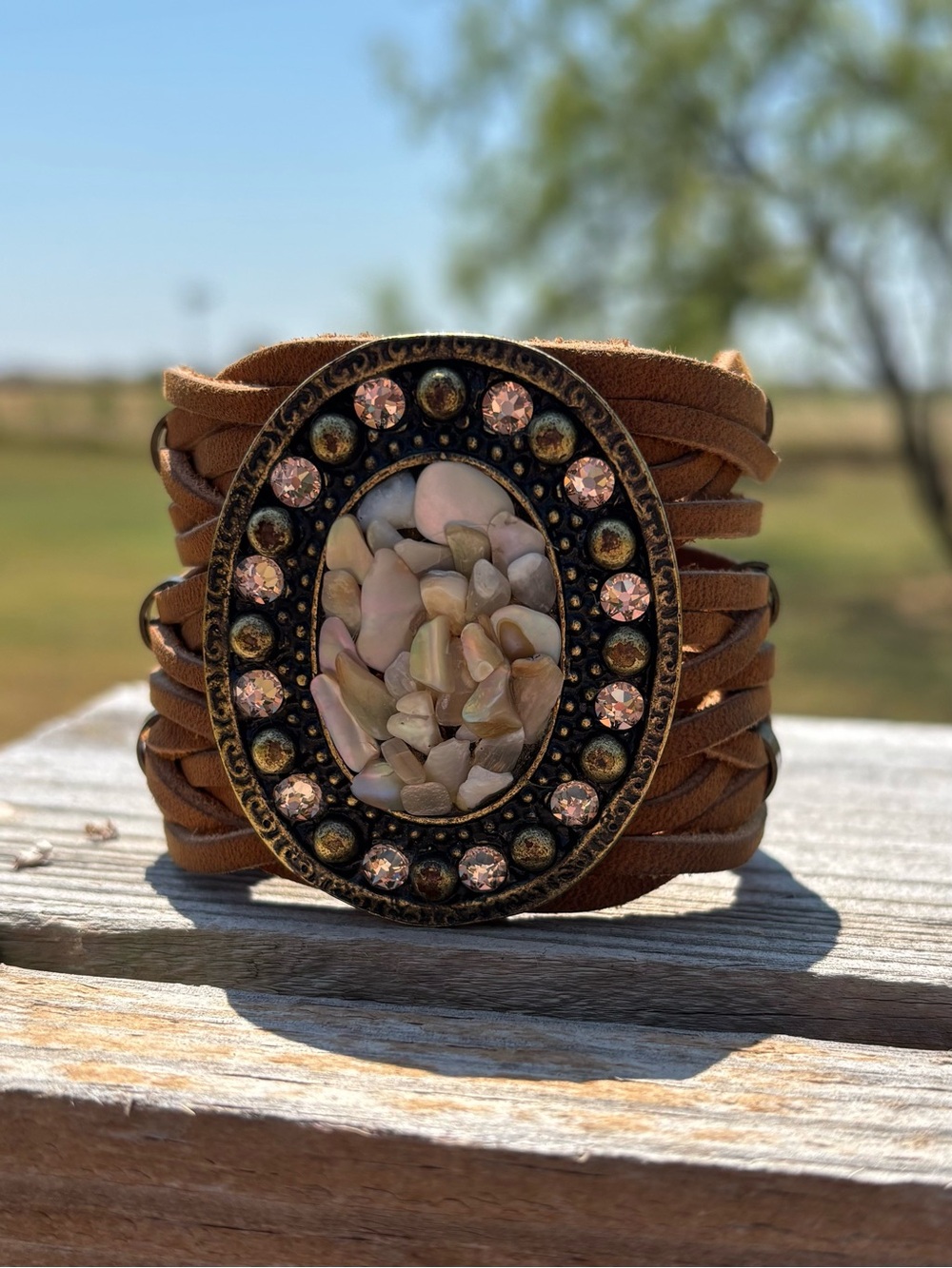 Leatherock Boho Leather Wrap Bracelet with Shell & Rhinestone Oval Accent